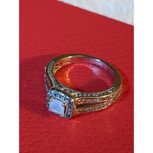 Moonstone Traditional Style Lab Created White Topaz Rhodium Plated Ring Size 6